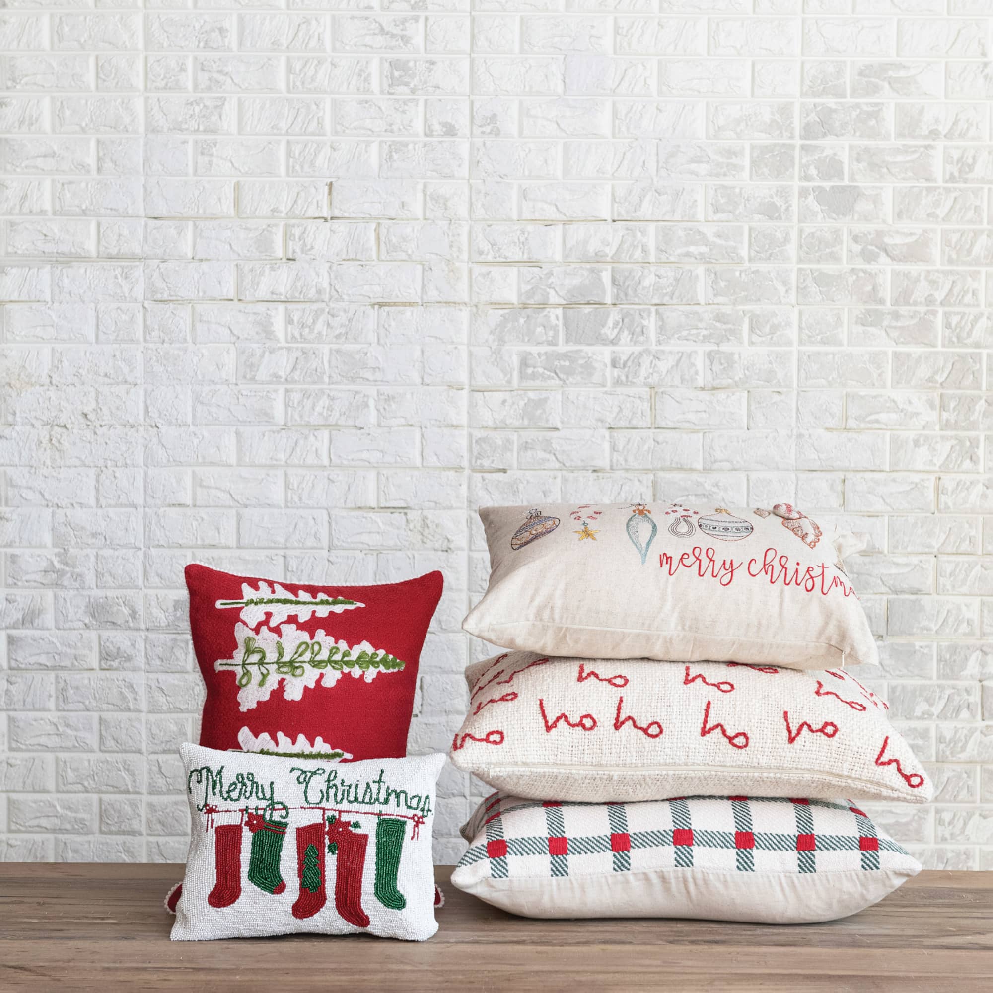Hello Honey® 14" x 10" Merry Christmas Cotton Beaded Lumbar Pillow with Stockings & Velvet Back